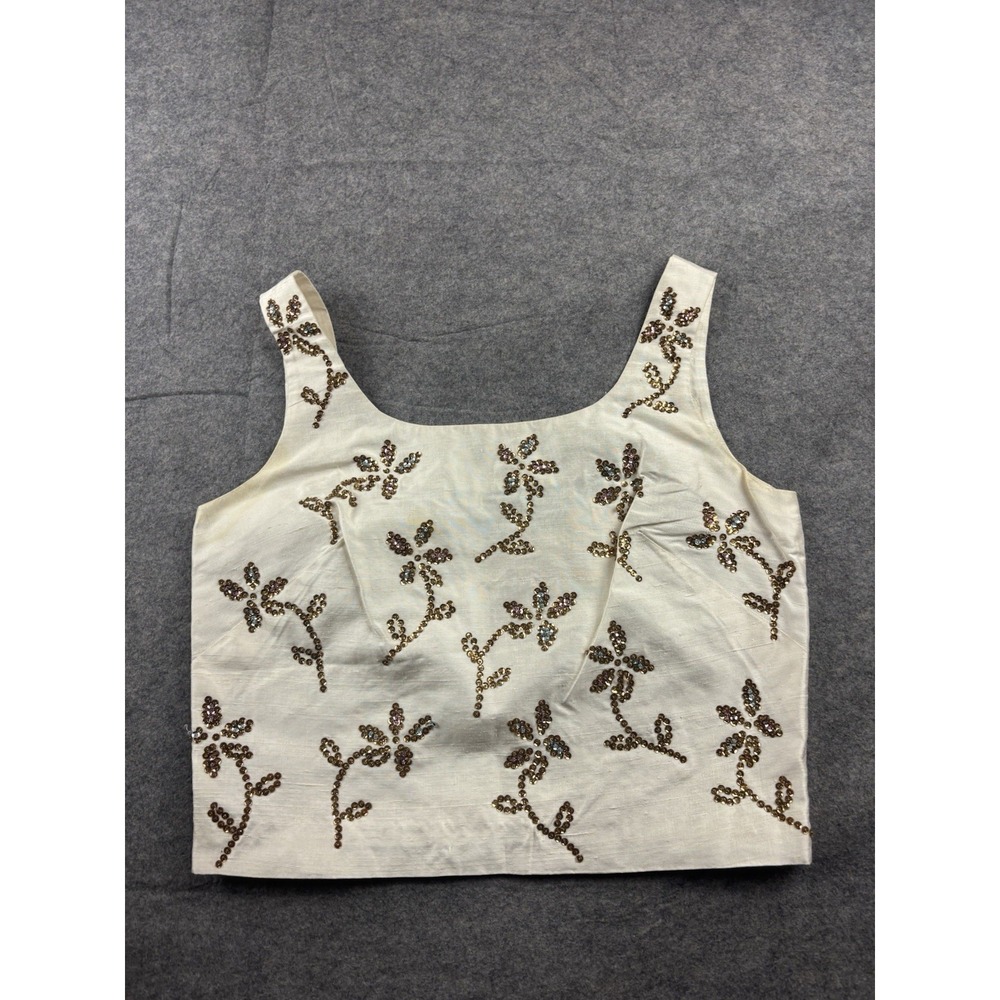 VTG Floral Silk Indi Boho Hippie Embroidered Sequin Tank Blouse Women's L/XL See